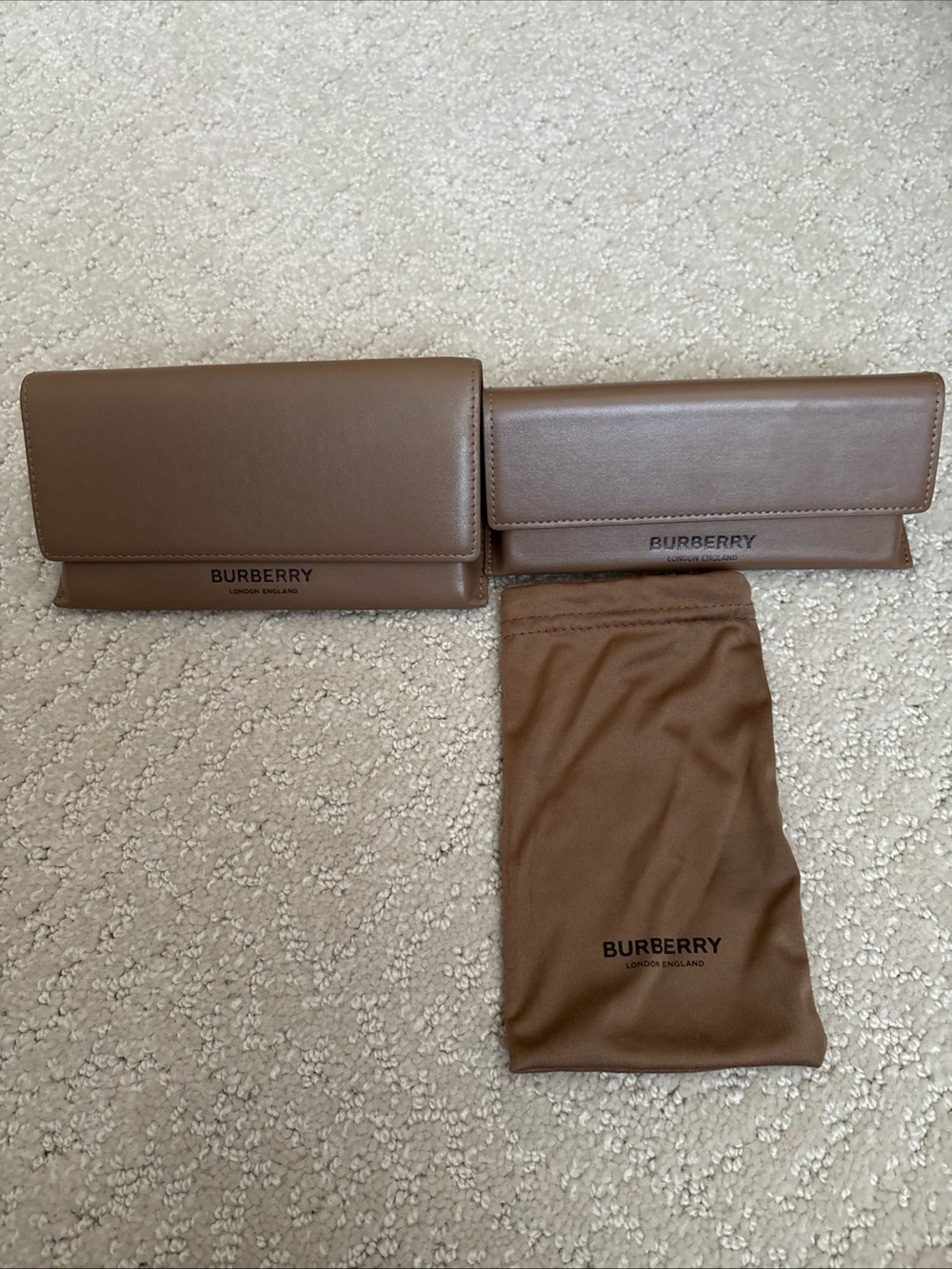 Two Burberry Tan Brown Leather Eyewear/Sunglasses Cases with Cloth Pouch